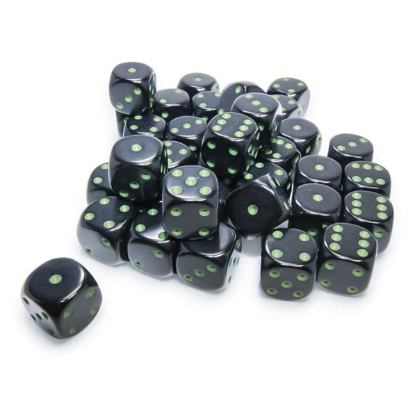 Chessex Manufacturing D6 Cube Opaque Black Green Dice Set 36 Main image