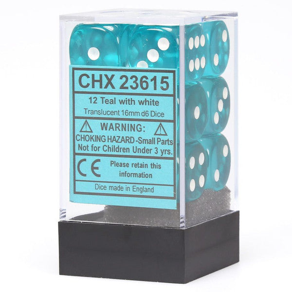 Chessex Manufacturing Translucent Teal White D6 Cube 12 Dice Set