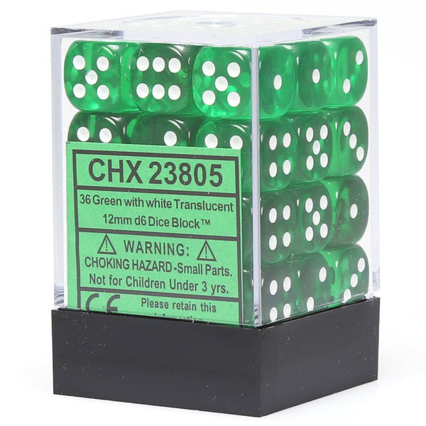 Chessex Manufacturing Translucent Green White D6 Cube 36 Dice Set