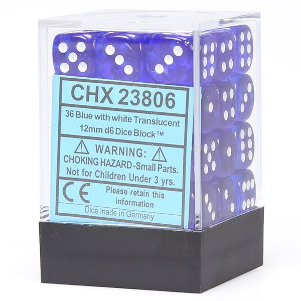 Chessex Manufacturing Translucent Blue White D6 Cube 36 Dice Set
