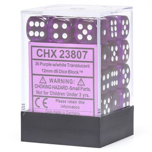Chessex Manufacturing Translucent Purple White D6 Cube 36 Dice Set