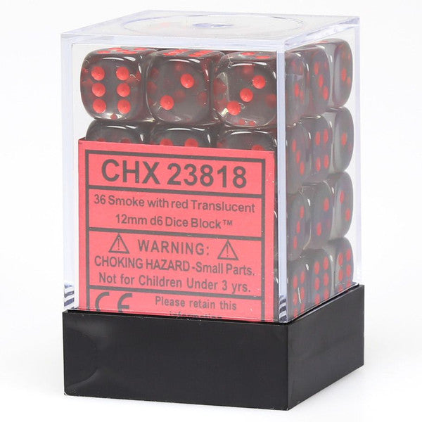 Chessex Manufacturing D6 Translucent Smoke Dice Red Pip 12mm 36 Pack