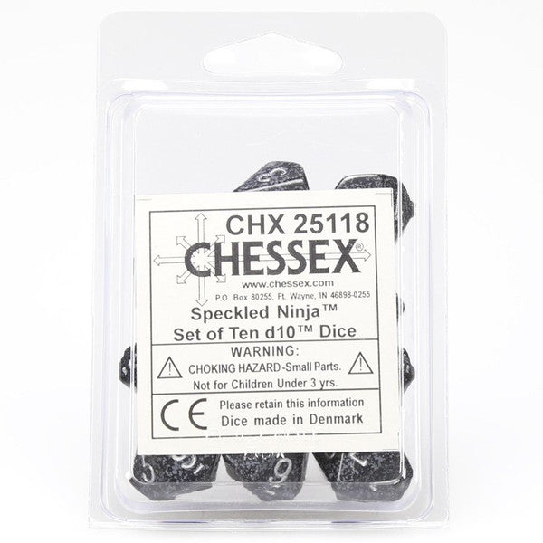 Chessex Manufacturing D10 Speckled Ninja Dice Silver Numbers 10 Pack
