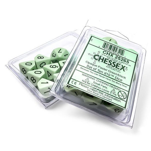 Chessex Manufacturing D10 Opaque Pastel Green Dice Black Numbers 10 Pack
