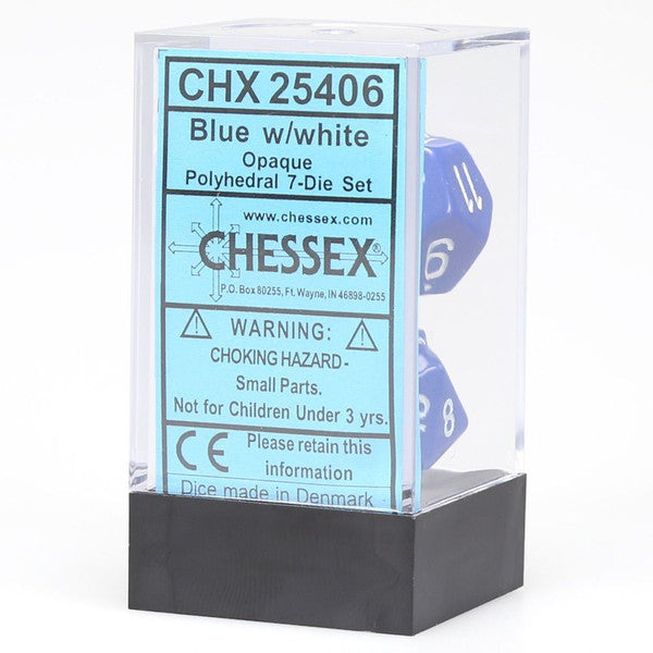 Chessex Manufacturing 7-Set Cube Opaque Blue Dice White Numbers