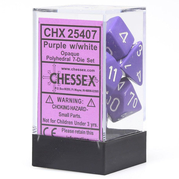 Chessex Manufacturing 7-Set Cube Opaque Purple Dice White Numbers Main image