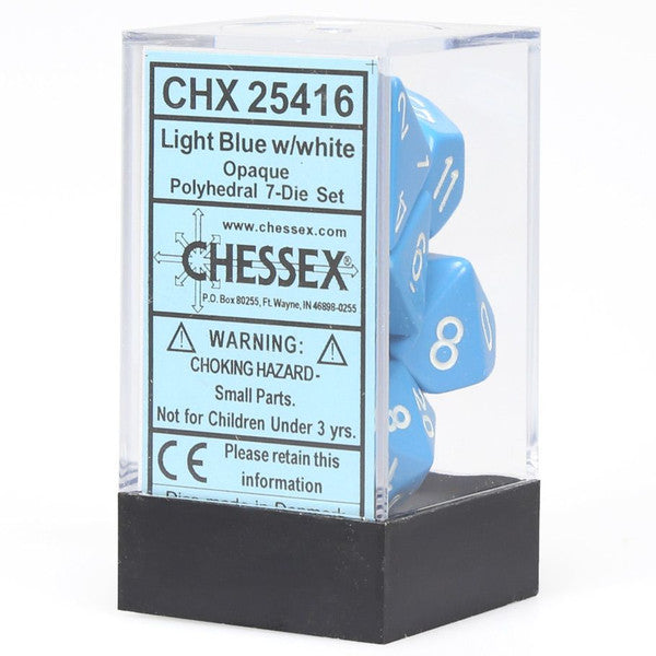 Chessex Manufacturing 7-Set Cube Opaque Light Blue Dice White Set