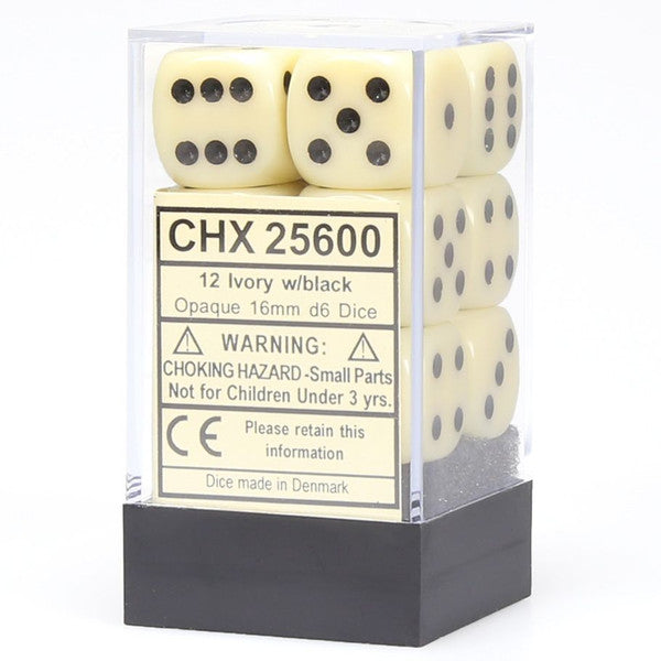 Chessex Manufacturing D6 Cube Opaque Ivory Black Pip 16mm 12 Dice