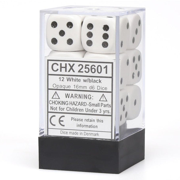 Chessex Manufacturing D6 Cube Opaque White Black Pip 16mm 12 Dice Main image