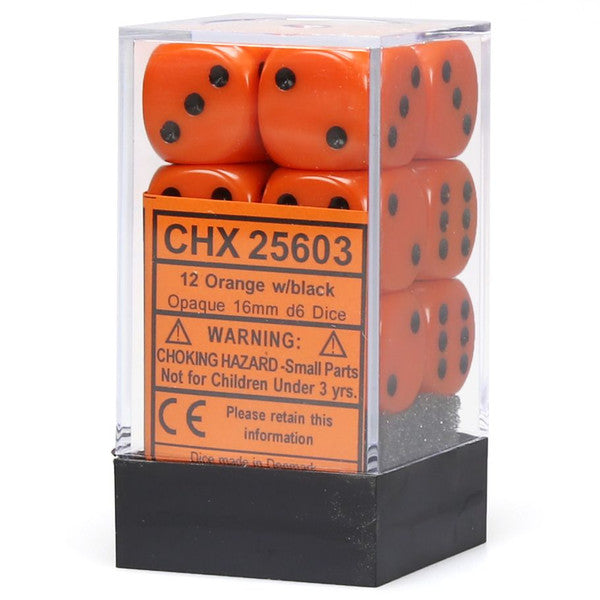 Chessex Manufacturing D6 Cube Opaque Orange Black Pip 16mm 12 Dice