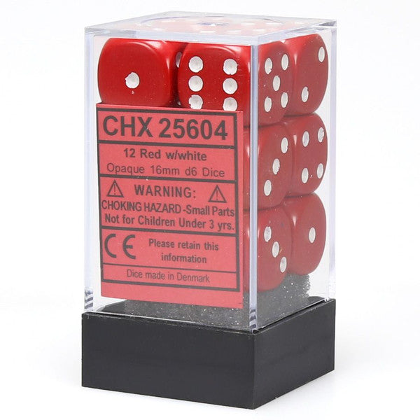 Chessex Manufacturing D6 Cube Opaque Red White Pip 16mm 12 Dice