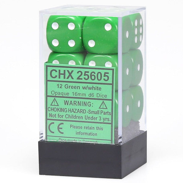 Chessex Manufacturing D6 Cube Opaque Green White Pip 16mm 12 Dice Main image