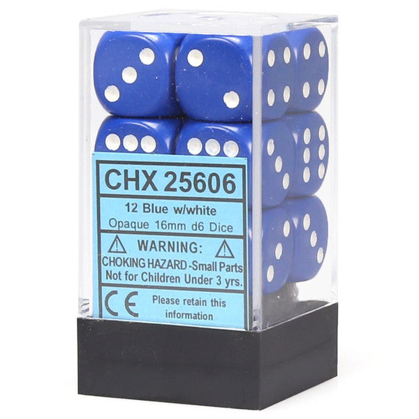 Chessex Manufacturing D6 Cube Opaque Blue White Pip 16mm 12 Dice Main image