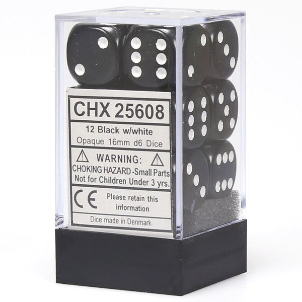 Chessex Manufacturing D6 Cube Opaque Black White Pip 16mm 12 Dice Main image