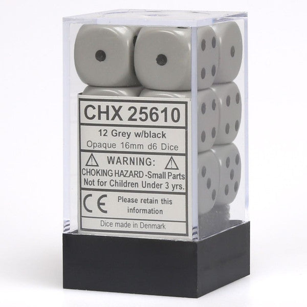 Chessex Manufacturing D6 Cube Opaque Grey Black Pip 16mm 12 Dice
