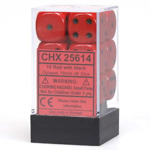 Chessex Manufacturing D6 Cube Opaque Red Black Pip 16mm 12 Dice Main image