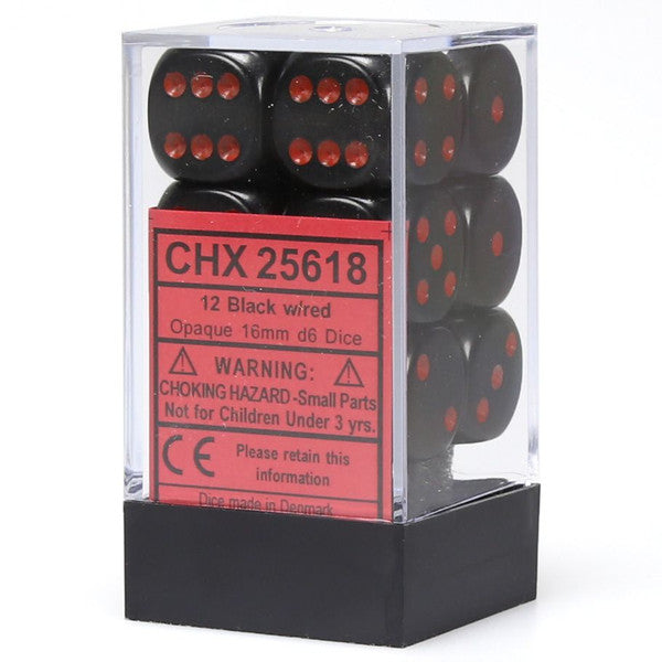 Chessex Manufacturing D6 Cube 16mm Opaque Black Red 12 Chx25618
