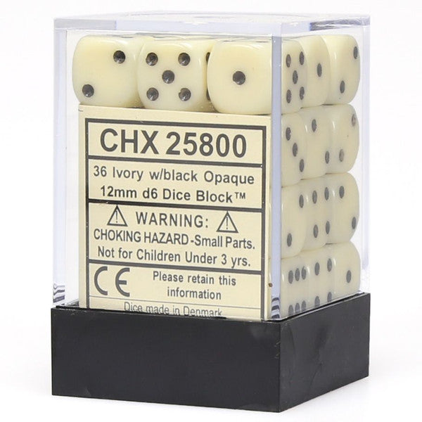 Chessex Manufacturing D6 Cube Opaque Ivory Black Set 12mm 36 Dice