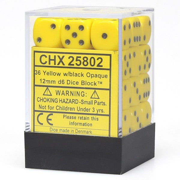 Chessex Manufacturing D6 Cube Opaque Yellow Black Small 10mm 14mm 36 Dice