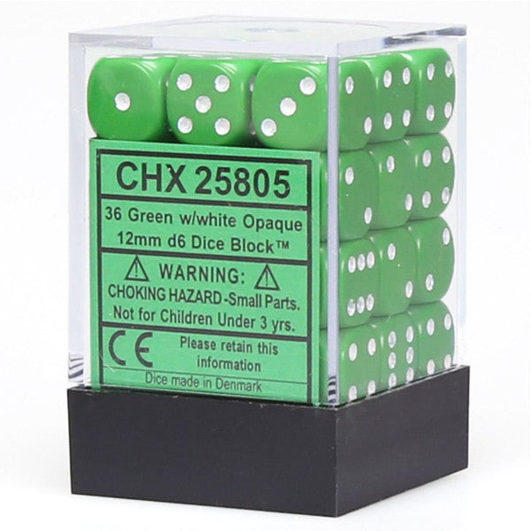 Chessex Manufacturing D6 Cube Opaque Green White Set 12mm 36 Dice