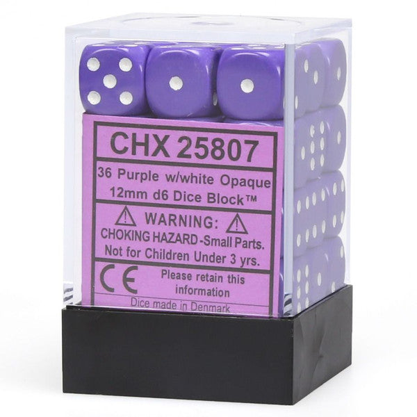 Chessex Manufacturing D6 Cube Opaque Purple White Set 12mm 36 Dice