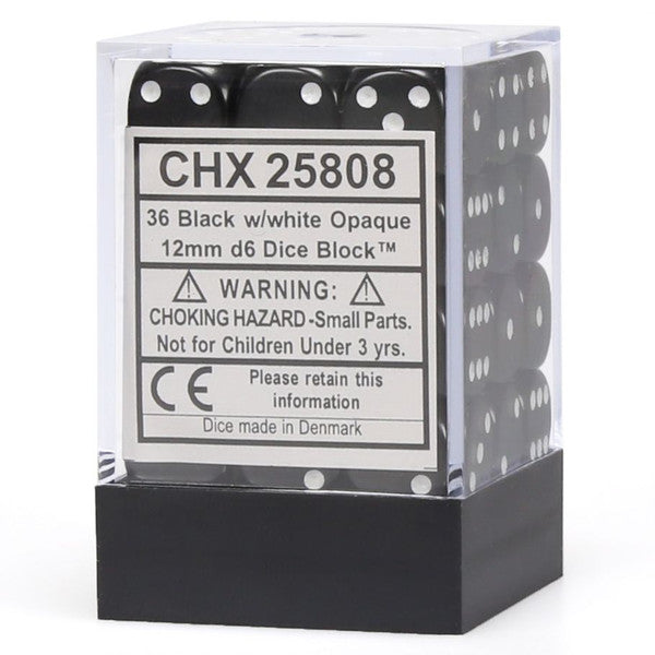 Chessex Manufacturing D6 Cube Opaque Black White Set 12mm 36 Dice Main image