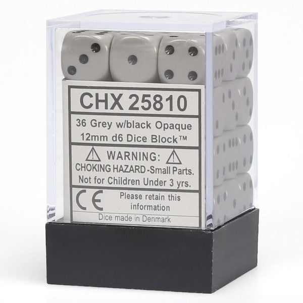 Chessex Manufacturing D6 Cube Opaque Grey Black Set 12mm 36 Dice