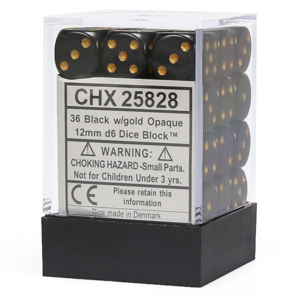 Chessex Manufacturing D6 Cube Opaque Black Gold Dice Set 36