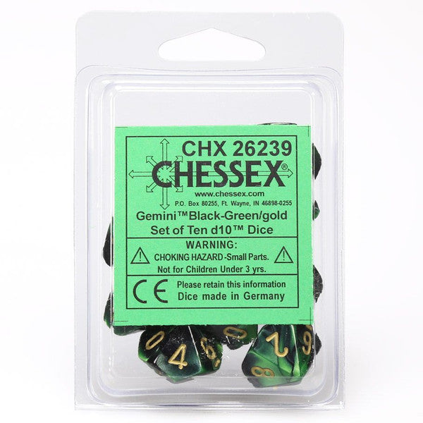 Chessex Manufacturing D10 Clamshell Gemini Black Green Gold Bkgrgd Main image