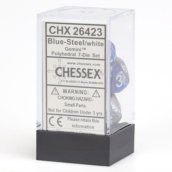 Chessex Manufacturing 7-Set Cube Gemini Blue Silver White Steel Set Main image