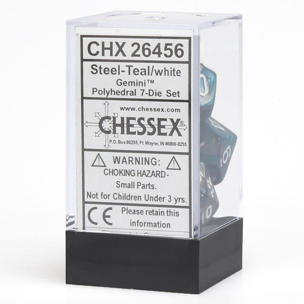 Chessex Manufacturing 7-Set Cube Gemini Steel Teal White Polyhedral Set
