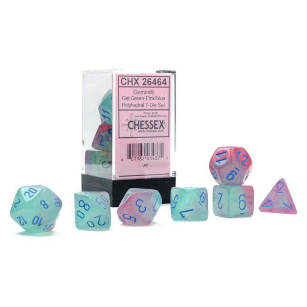 Chessex Manufacturing 7-Set Cube Gemini Luminary Gel Green Pink Blue Polyhedral