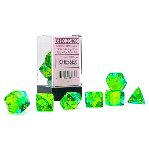 Chessex Manufacturing 7-Set Cube Gemini Translucent Green Teal Yellow Polyhedral Main image