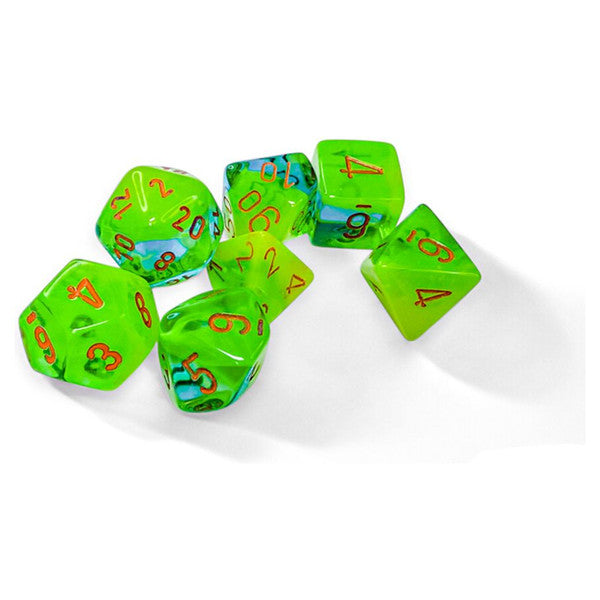 Chessex Manufacturing 7-Die Set Gemini Plasma Green Teal Orange Numbers Main image