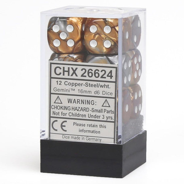 Chessex Manufacturing D6 Cube Gemini Copper Steel White 12 Dice Set Main image