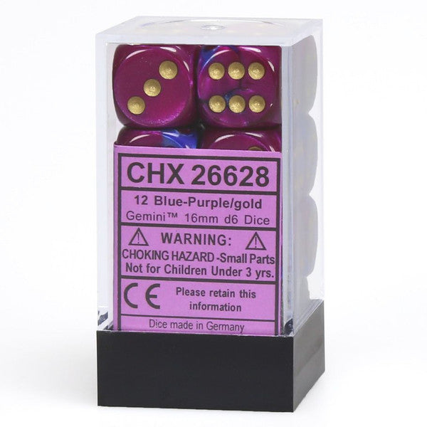 Chessex Manufacturing D6 Cube Gemini Blue Purple Gold 12 Dice Set