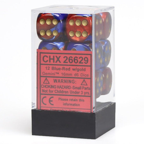 Chessex Manufacturing D6 Cube Gemini Blue Red Gold 12 Dice Set
