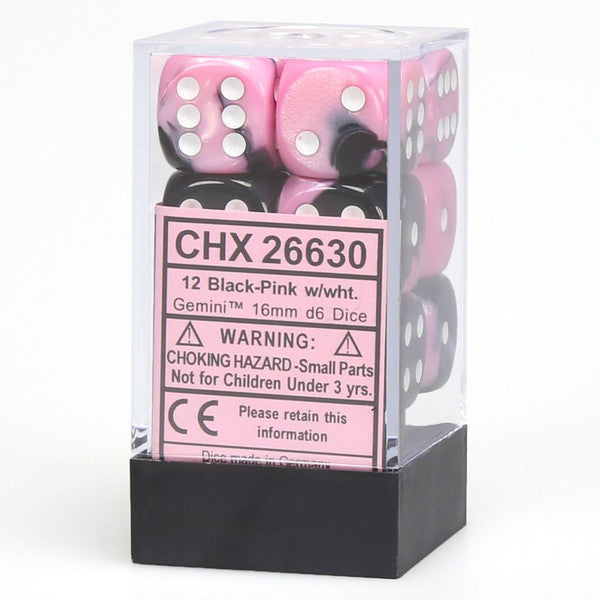 Chessex Manufacturing D6 Cube Gemini Black Pink White 12 Dice Set Chx26630