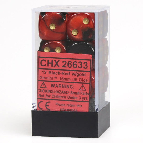 Chessex Manufacturing D6 Cube Gemini Black Red Gold 12 Dice Set