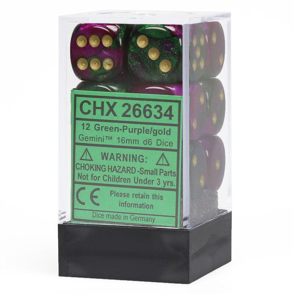 Chessex Manufacturing D6 Cube Gemini Green Purple Gold 12 Dice Set Chx26634