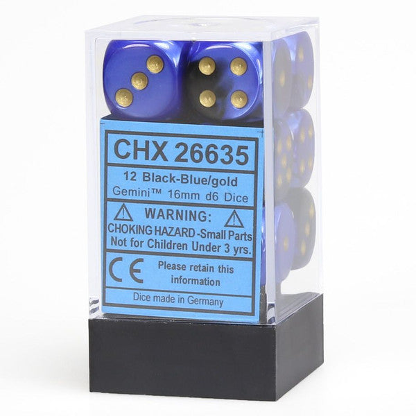 Chessex Manufacturing D6 Cube Gemini Black Blue Gold 12 Dice Set