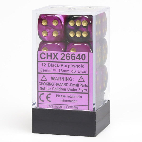 Chessex Manufacturing D6 Cube Various Gemini Black Purple Gold 16mm Set