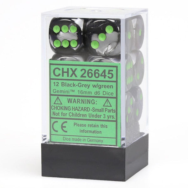 Chessex Manufacturing D6 Cube Dice Gemini Black Grey Green 16mm 12 Dice