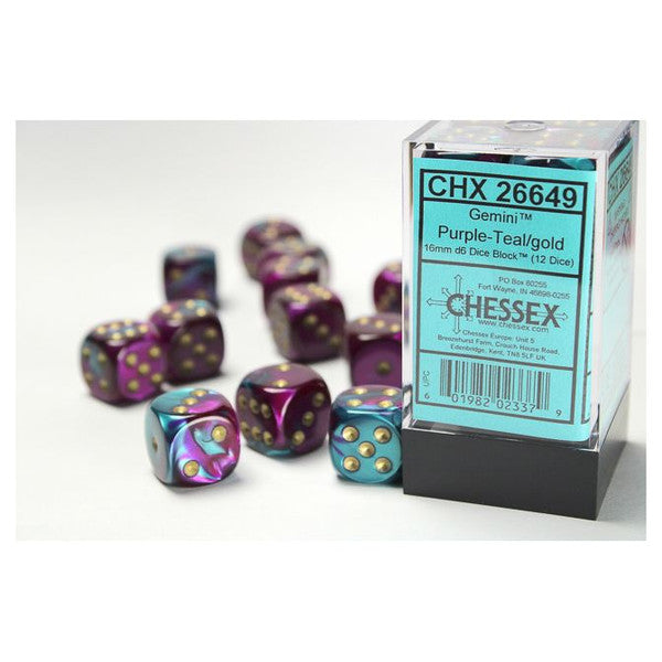 Chessex Manufacturing D6 Cube Various Gemini Purple Teal Gold 16mm Set Main image
