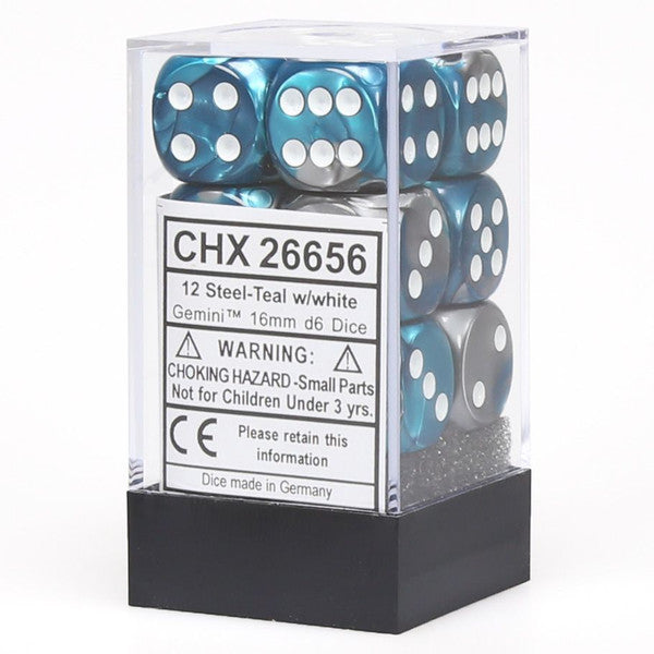 Chessex Manufacturing D6 Cube Chx26656 Gemini Steel Teal White 16mm Set