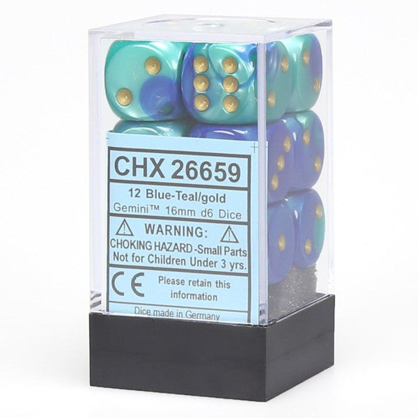 Chessex Manufacturing D6 Cube Standard Gemini Blue Teal Gold 16mm Set