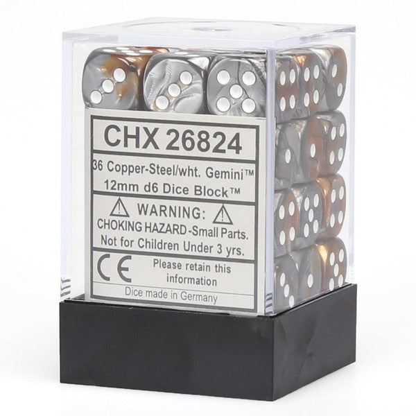 Chessex Manufacturing D6 Cube Gemini Copper Steel White Dice Set