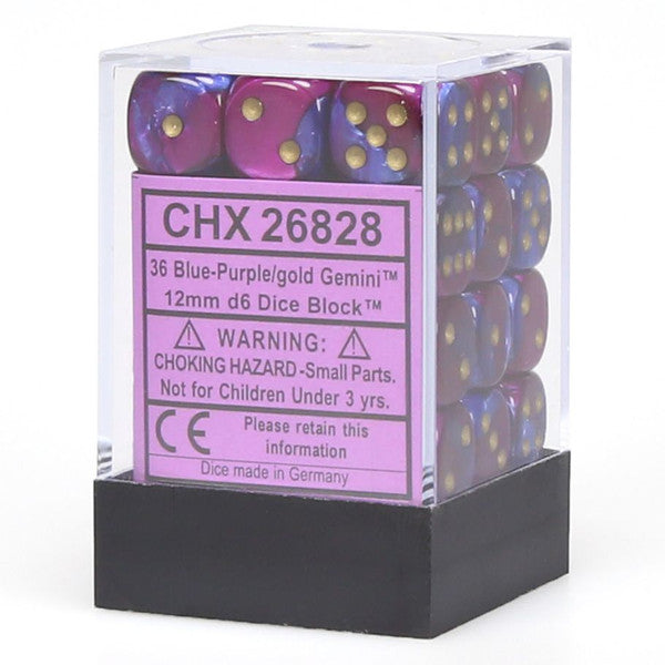 Chessex Manufacturing D6 Cube 12mm Gemini Blue Purple Gold Pips Block