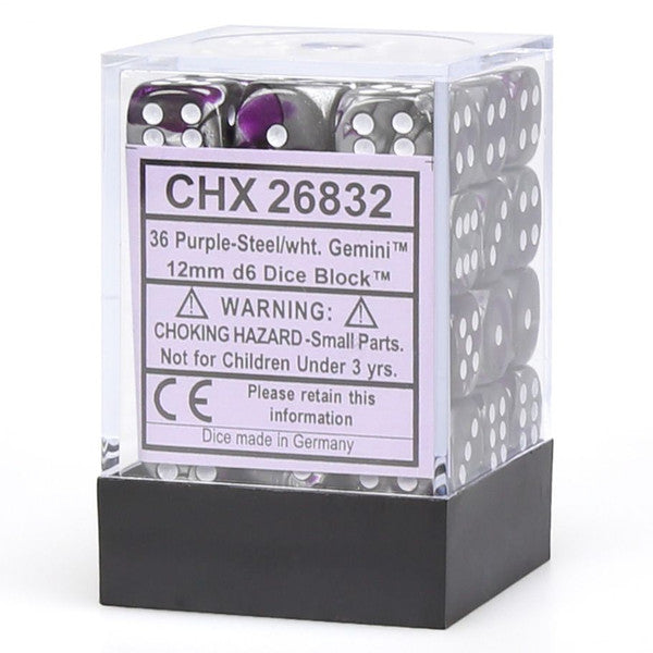 Chessex Manufacturing D6 Cube 12mm Gemini Purple Steel White Pips Dice Main image