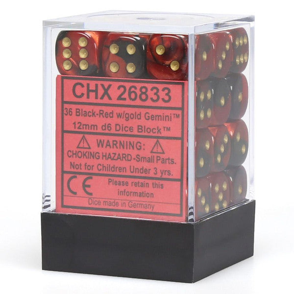 Chessex Manufacturing D6 Cube 12mm Gemini Black Red Gold Pips Block Main image